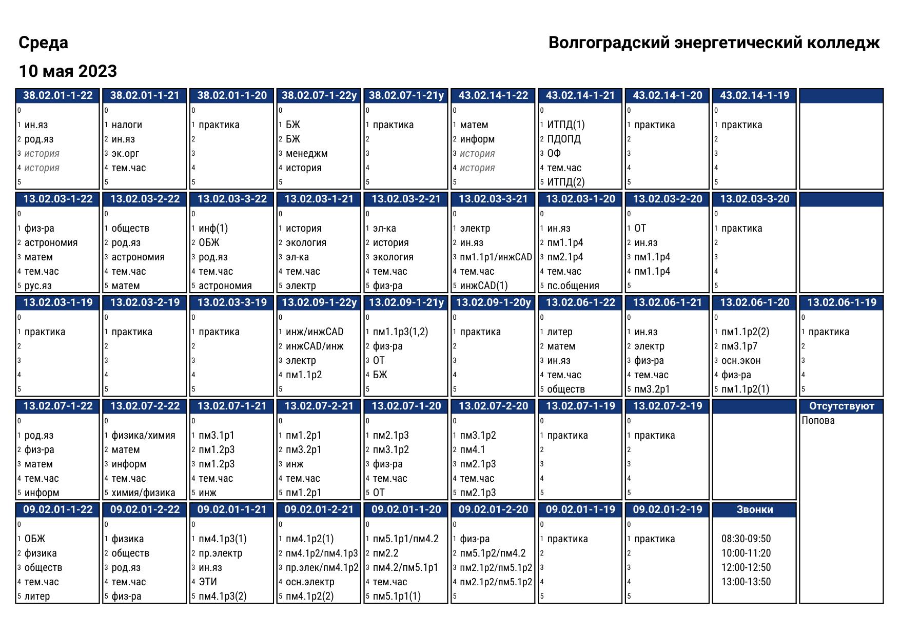 Расписание на 8 ноября